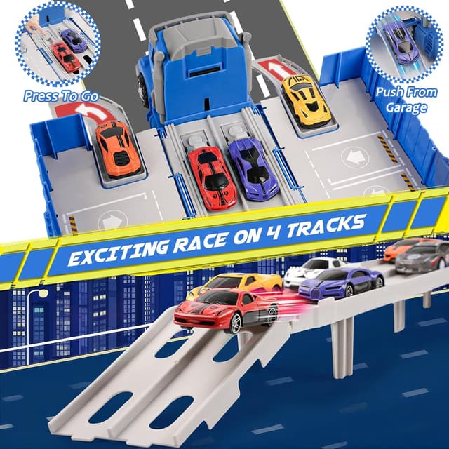 Detalle de maysida 3-in-1 Containerwagen Transport Truck mit faltbarer Rennbahn und 6 Spielzeugautos (ab 3 Jahren)