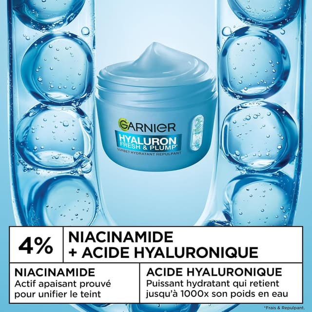 Detalle de Garnier Hyaluron Crème Sorbet Hydratante Repulpante Fresh & Plump à l’acide hyaluronique et niacinamide (85 ml)