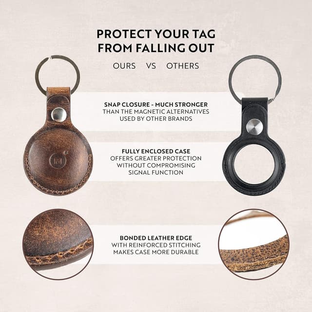 Detalle 2 de Moonster porte-clés AirTag en cuir de buffle pleine fleur — étui cuir renforcé avec fermeture à cliquet