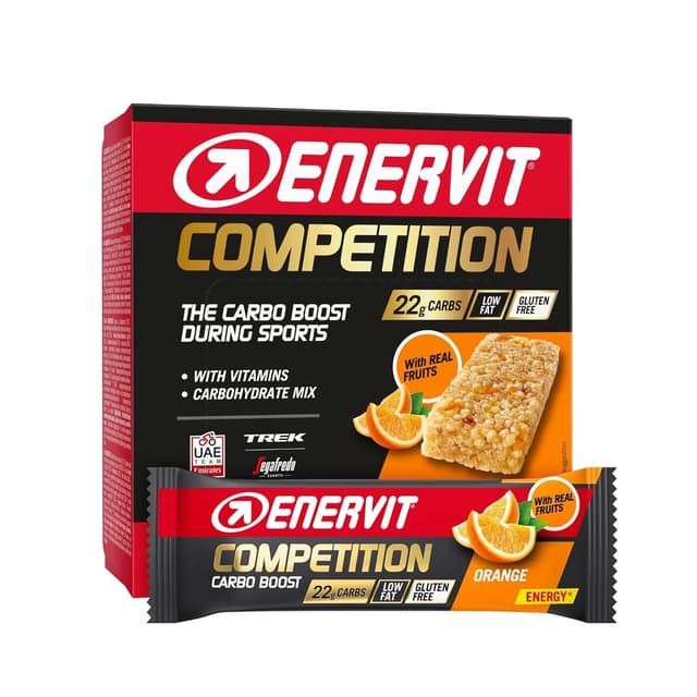 Detalle de Enervit Competition Bar Orange – Energieriegel mit Orangestückchen, 22 g Kohlenhydrate (vegan, glutenfrei), 12 Riegel à 30 g