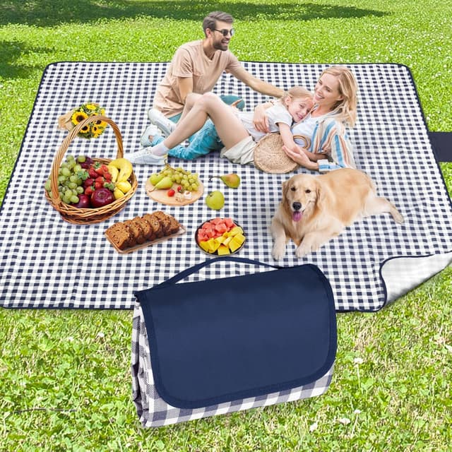 Detalle de Anyiner Picnic Blanket Waterproof 300 x 200 cm (Blue Plaid) – Sand-proof, slip-resistant travel rug