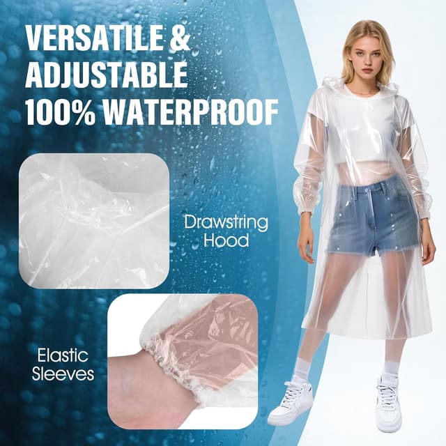 Detalle de Chyaya 3/5/6 Pack Disposable Rain Ponchos (Waterproof, Hood & Elastic Cuffs) – Transparent Adult Ponchos