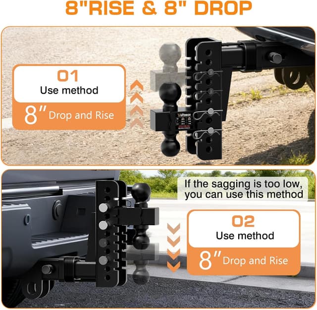 Detalle 2 de 2026 Vullteeon Adjustable Trailer Hitch (8-Inch Drop) for 2-Inch Receiver — Dual Ball Mount, 20,000 lbs GTW