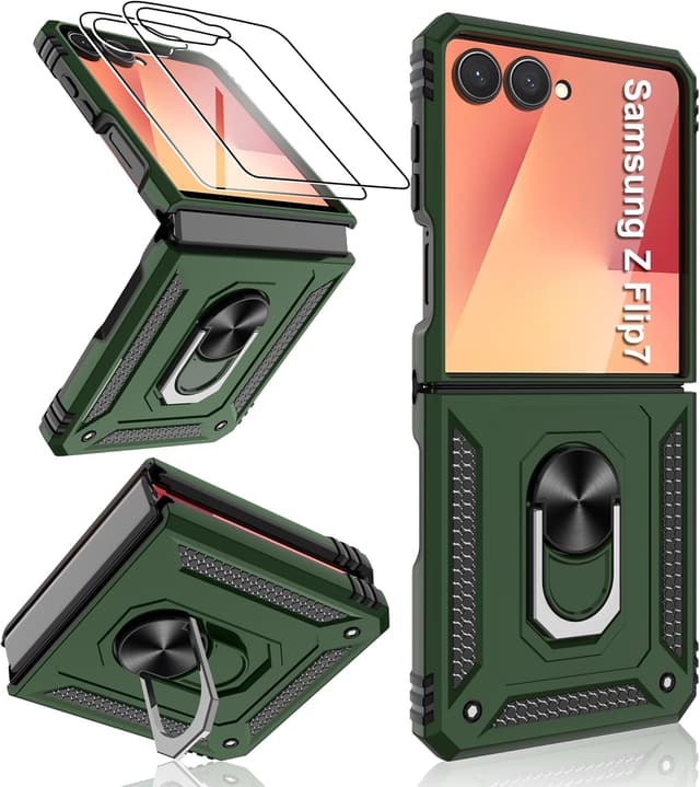 Detalle de Gritup Military-Grade Galaxy Z Flip 7 Case (Army Green) with 2 Outer Screen Protectors & Magnetic Kickstand