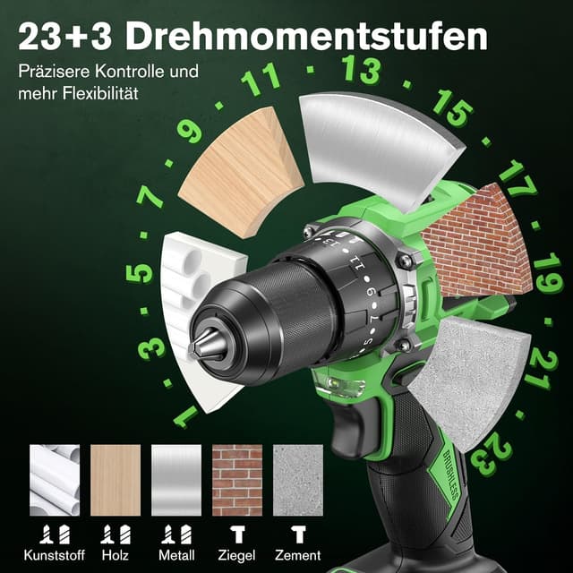 Detalle de Ginour 21V Bürstenloser Akku-Schlagbohrschrauber-Set (50 Nm) mit 2×2Ah Akkus, 10-mm-Schnellspannfutter, 47-teiligem Zubehör & Koffer