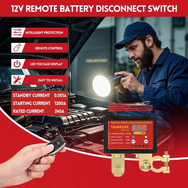 Detalle de Remote Battery Disconnect Switch 12V 240A with LED Voltage Display (0.001A standby) for Car, RV, ATV, Truck, Tractor, Boat