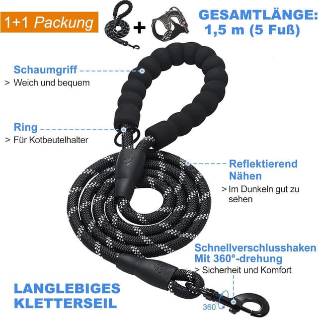 Detalle de haapaw Hundegeschirr ohne Zug, verstellbar & reflektierend (Oxford) inkl. Leine – für mittelgroße Hunde