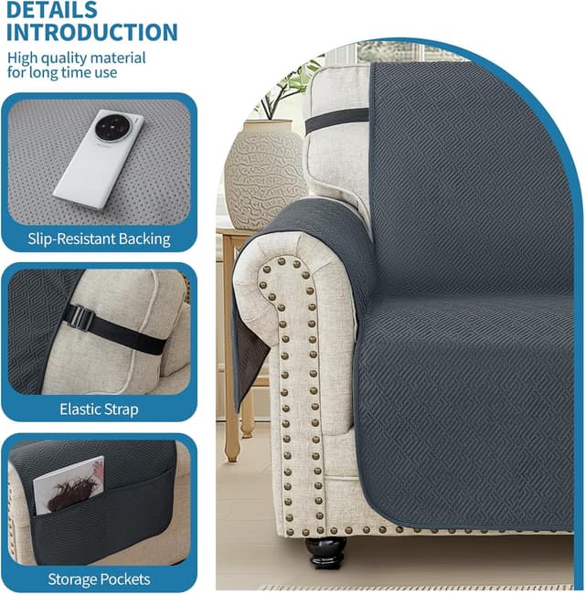 Detalle de Ystyle Copridivano 2 posti con braccioli, effetto antiscivolo e antifumo per gatti, grigio scuro