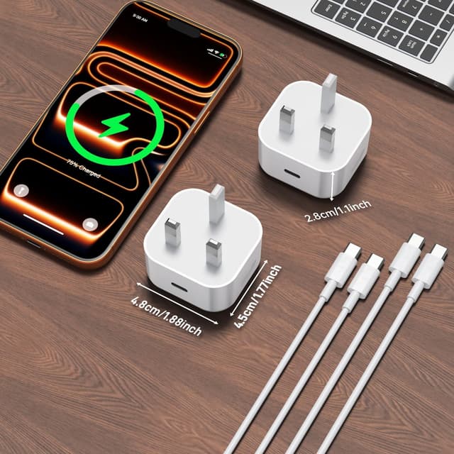 Detalle 2 de 20W USB-C Fast Charger Plug (iPhone 17/16/15) with 1M+2M USB-C to USB-C Cable – UK Power Adapter