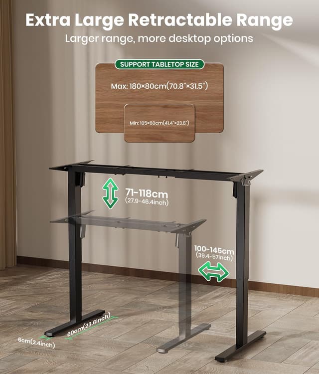 Detalle de VOSATRON elektrisch höhenverstellbares Tischgestell mit 2 Motoren, USB-C & Memory-Steuerung (schwarz)