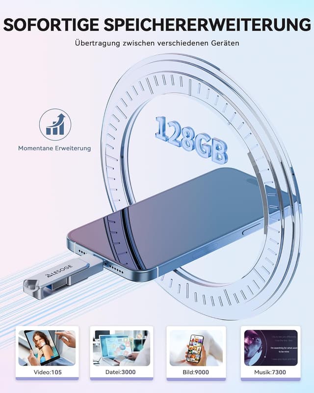 Detalle de LESOGE MFi-zertifizierter 3-in-1 USB-Stick (128 GB) für iPhone, iPad & Android – USB 3.0 Fotostick
