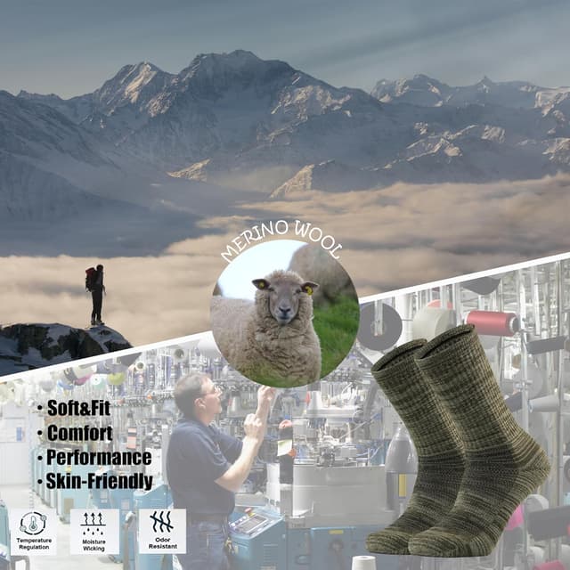 Detalle de Ortis Men’s Extra-Fine Merino Wool Cushioned Crew Socks for Hiking