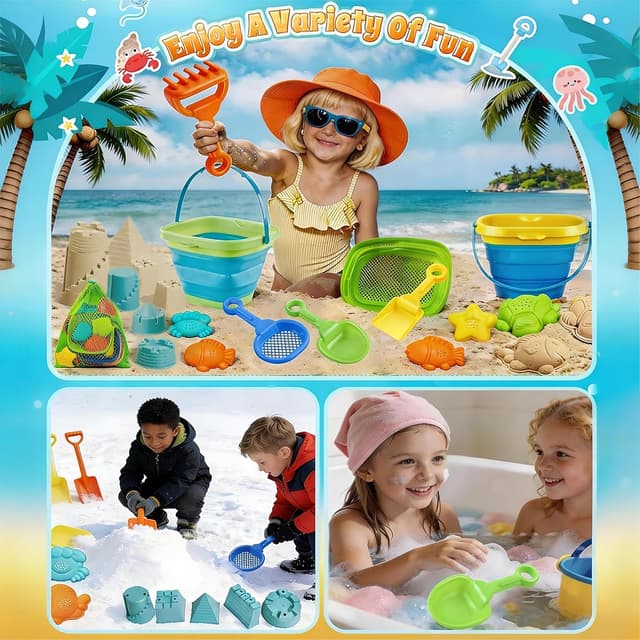 Detalle de FLEXTRIX Sandspielzeug-Set (19-teilig) mit faltbaren Eimern, Sieb und Strandformen – Strand- & Reisespielzeug ab 3 Jahren