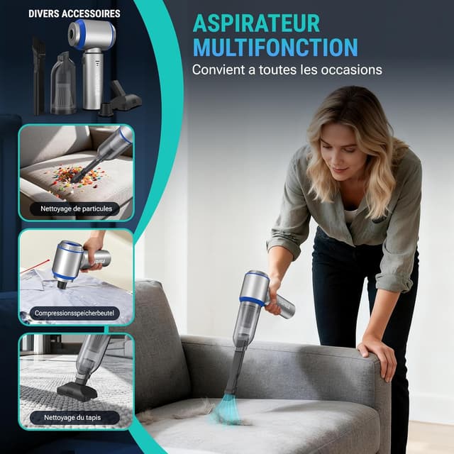 Detalle 2 de Aspirateur à main sans fil 25000 Pa / 120 W – mini aspirateur voiture avec moteur sans brosse et 3 vitesses