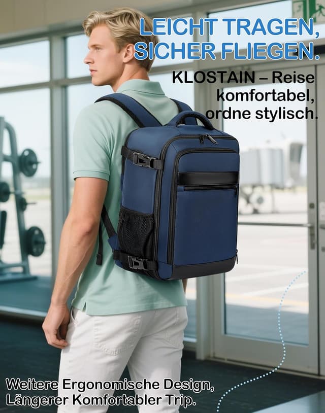Detalle de KLOSTAIN Handgepäck-Rucksack 40 x 20 x 25 cm (20 l) für Ryanair & Co. – Tiefblau
