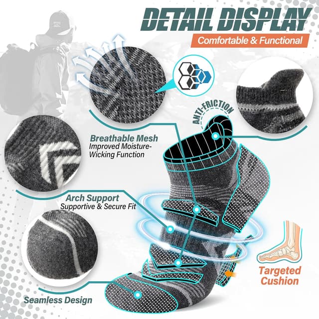 Thumbnail 3 de ANTSANG Merino Wool Ankle Hiking Socks, 6 Pairs