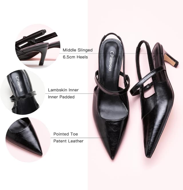 Detalle 2 de C.Paravano Women’s Slingback Flats with Pointed Toe & 2.5" Kitten Heels