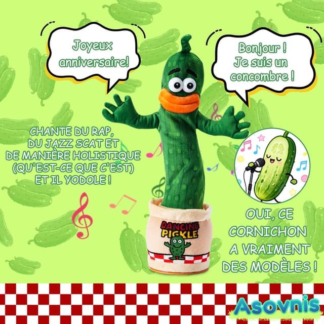 Detalle 2 de Cornichon interactif parlant et dansant pour bébé (0-6, 3-6, 6-12, 12-18 mois) – enregistre, répète, lumières LED et volume réglable