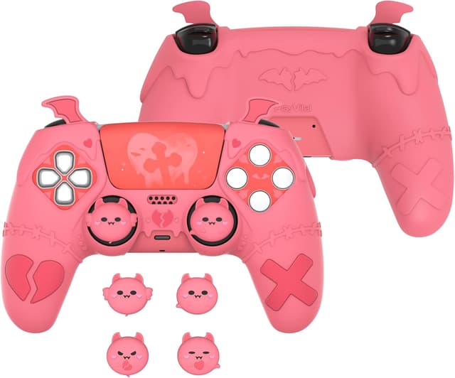 Detalle de PlayVital Gothic Imp Silicone Case for PS5 Controller (Peach Pink) with 4 Thumb Grips & Stickers