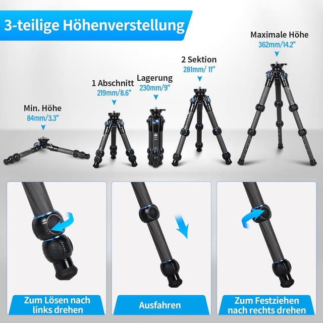 Detalle de SIRUI AM-223L Carbon Mini Reisestativ mit Nivellierbasis – ultraleichtes Ministativ für spiegellose Kameras