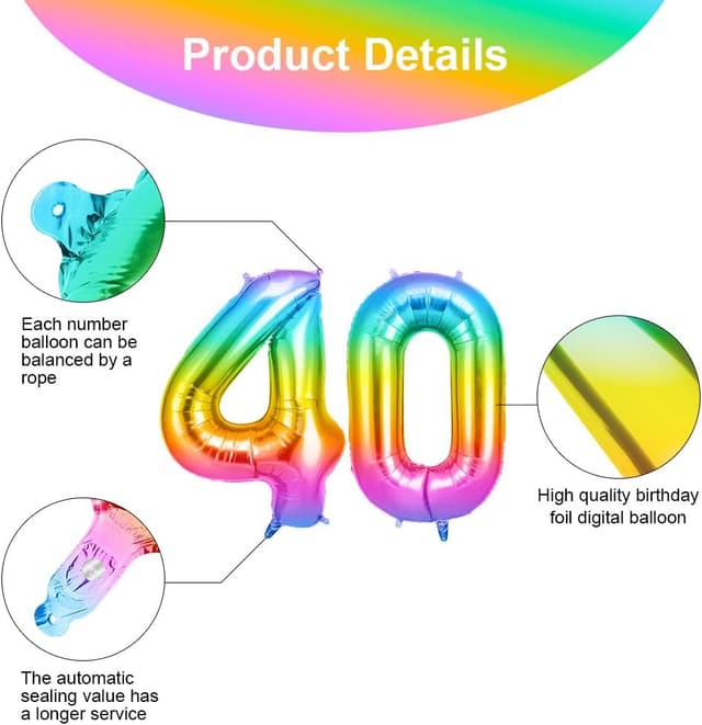 Detalle de OFFCUP Ballon d’anniversaire 40 ans arc-en-ciel avec chiffre 101 cm (foils) — lot de 2