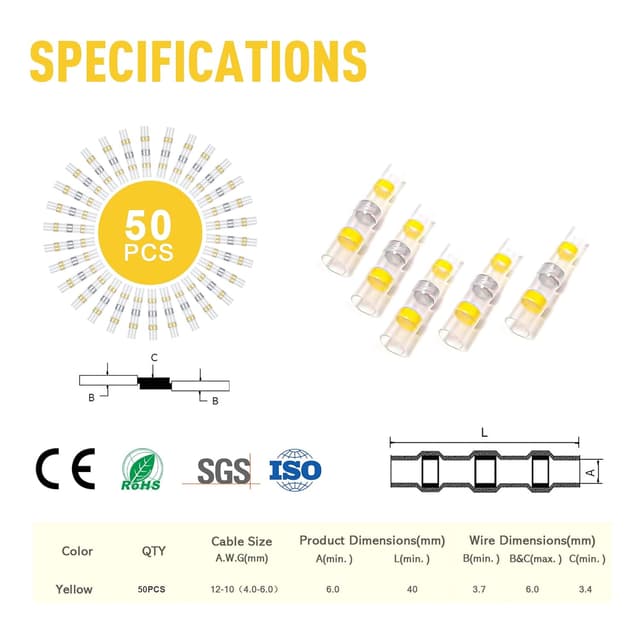 Detalle 2 de Kuject Lötverbinder mit Schrumpfschlauch, 50 Stück (wasserdicht), für 4,0–6,0 mm² / AWG 12–10 (Gelb)