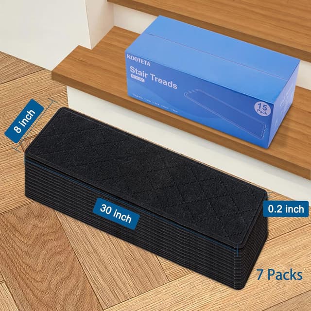 Detalle de KOOTETA Indoor Stair Treads (15-Pack) for Wooden Steps, 8" x 30" Non-Slip Carpet Rugs with Reusable Adhesive, Black