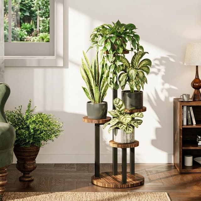 Detalle de Bamworld 4-Tier Corner Plant Stand with Wood Trays and Metal Brackets
