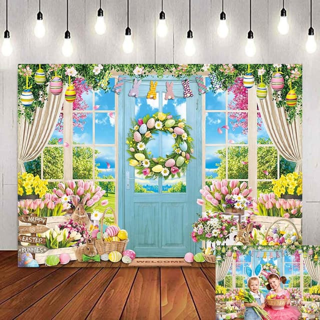 Detalle de Spring Easter Backdrop Rabbit Colorful Eggs