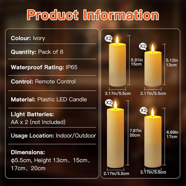 Detalle 2 de Set Ketom 8 candele LED Fiamma Oscillante con telecomando e timer (avorio) per esterni