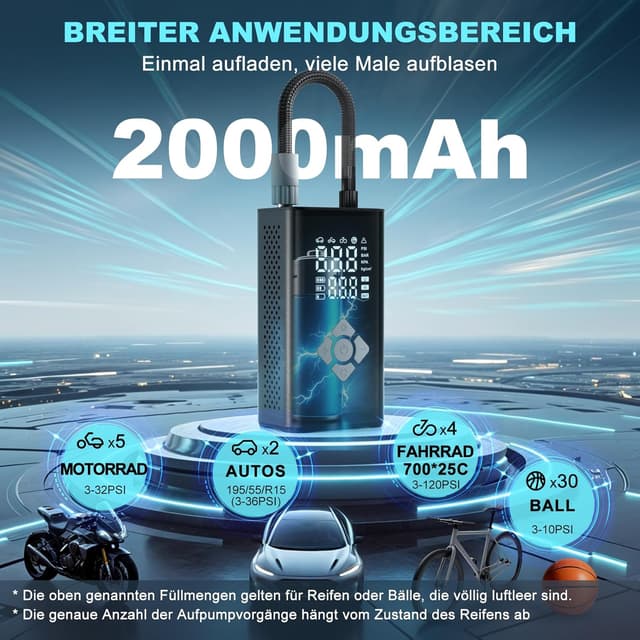 Detalle de TECHCYC Elektrische Luftpumpe Fahrradpumpe 150 PSI – Mini-Kompressor mit Auto-Stopp, LED-Licht & USB-C-Akkupower