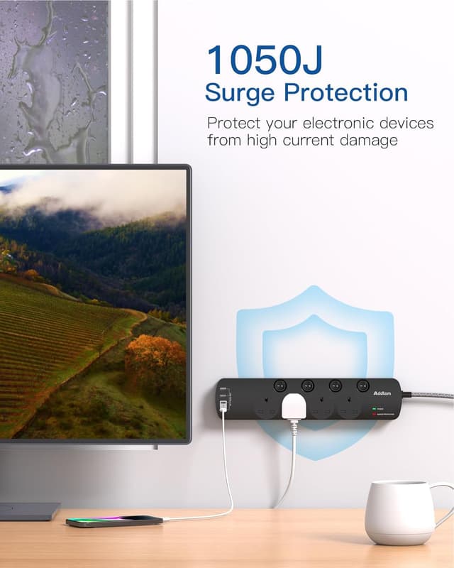 Detalle de Addtam Extension Lead 1.8m with 4 Outlets and 4 USB Ports (2x Type-C, 2x USB-A) and 1050J Surge Protection, Black