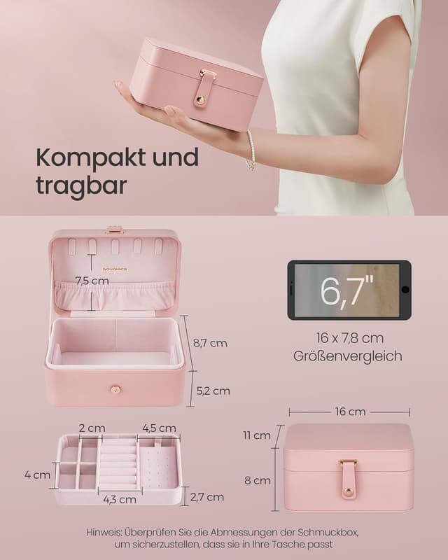 Detalle de SONGMICS Schmuckkästchen Reise JBC166R01 – kleines Schmuck-Organisationsetui mit 2 Ebenen
