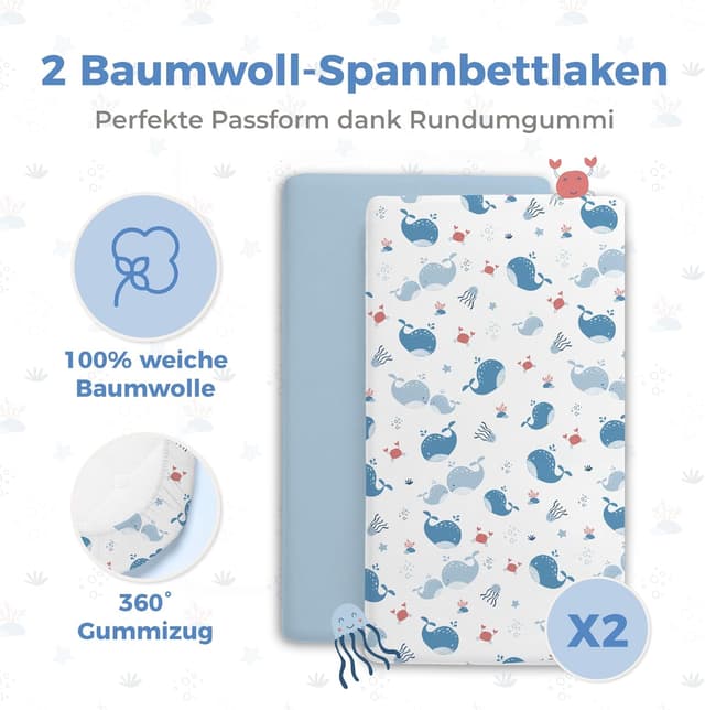 Detalle de Dreamzie Set 2 Spannbettlaken Kinderwagen + 1 Matratzenschoner Babybett (50x83 cm) aus 100% Baumwolle, wasserdicht