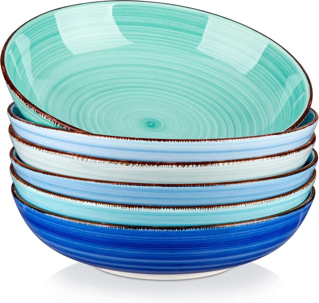 Detalle de vancasso Bonita 38 oz Ceramic Pasta Bowls Set of 6 (Blue) — Microwave & Dishwasher Safe