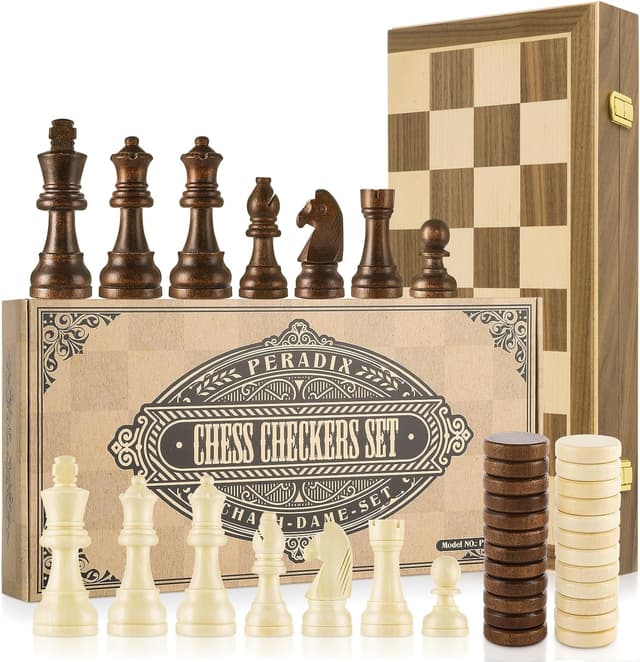 Detalle de Peradix 2-in-1 Chess & Draughts Magnetic Foldable Wooden Board Game Set (15")