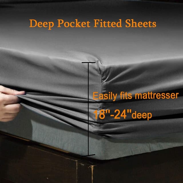 Detalle de SONORO KATE King Bed Sheet Set (Dark Grey) — Ultra-Soft Microfiber, 6-Piece with 18–24 Inch Deep Pockets