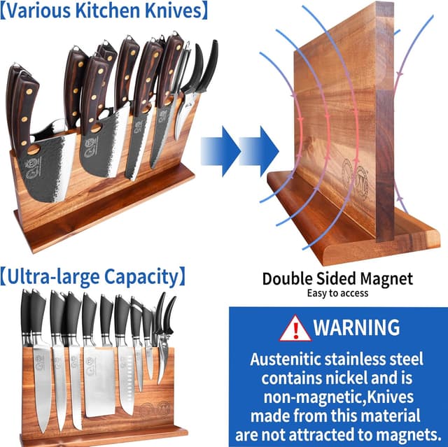 Detalle 2 de XYJ Extra Large Magnetic Knife Block (Acacia Wood) – Double-Sided Holder with Strong Magnetic Strip, No-Drill Storage