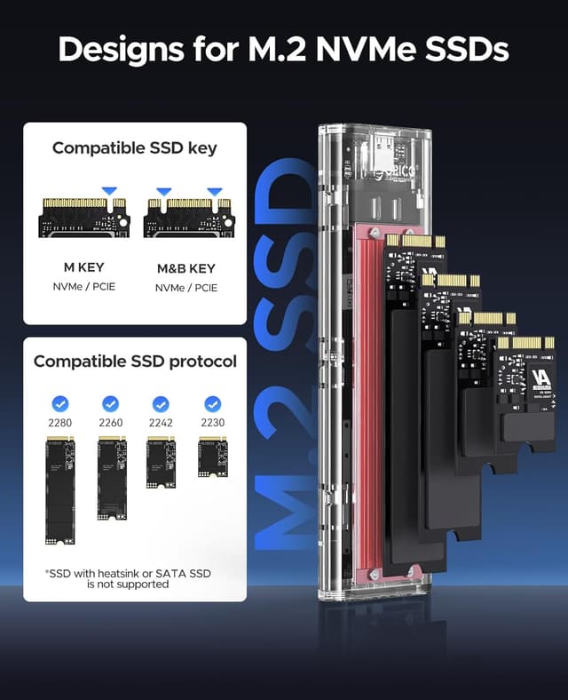 Detalle de ORICO TCM2 Custodia esterna NVMe M.2 (USB Type-C) 10Gbps trasparente con supporto UASP e TRIM