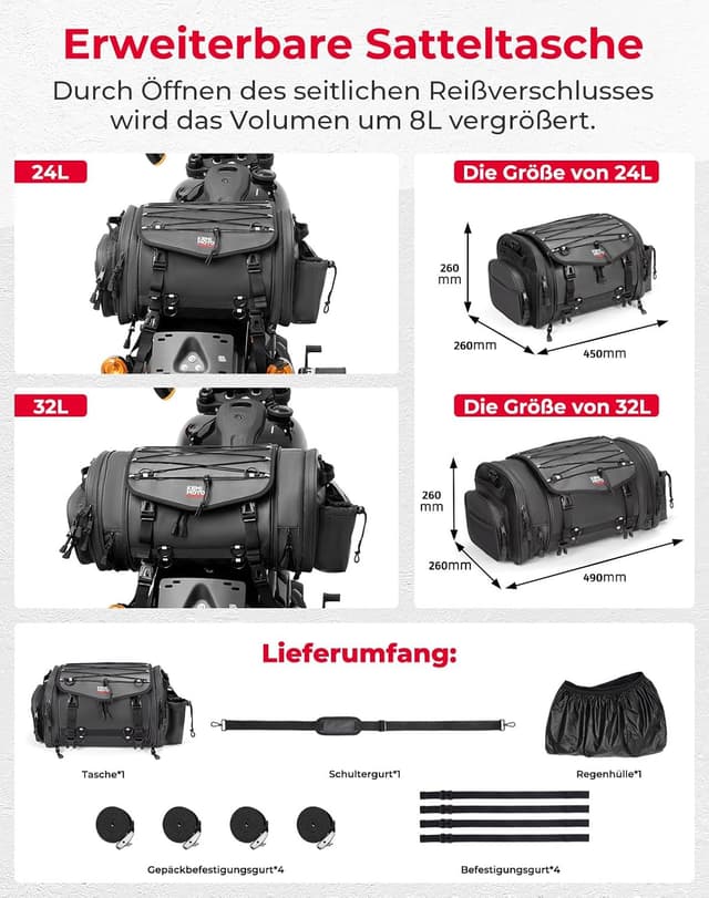Detalle 2 de KEMIMOTO Borsa Posteriore Moto espandibile 24-32L impermeabile con copertura antipioggia e zainetto removibile, nero