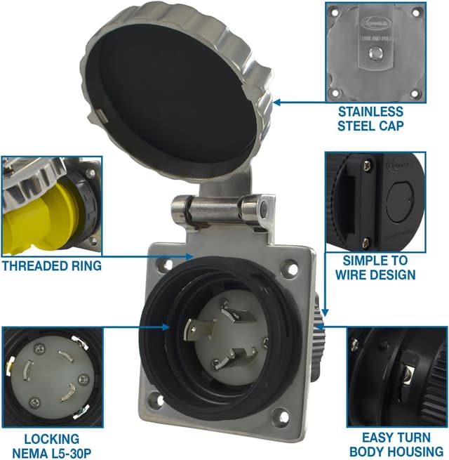 Detalle 2 de Conntek 30 Amp 125 Volt RV Marine Power Inlet (Stainless Steel)