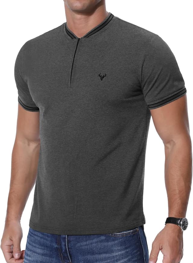 Detalle 2 de PCEAIIH Men’s Henley Zip Stand Neck T-Shirt with Deer Head Embroidery