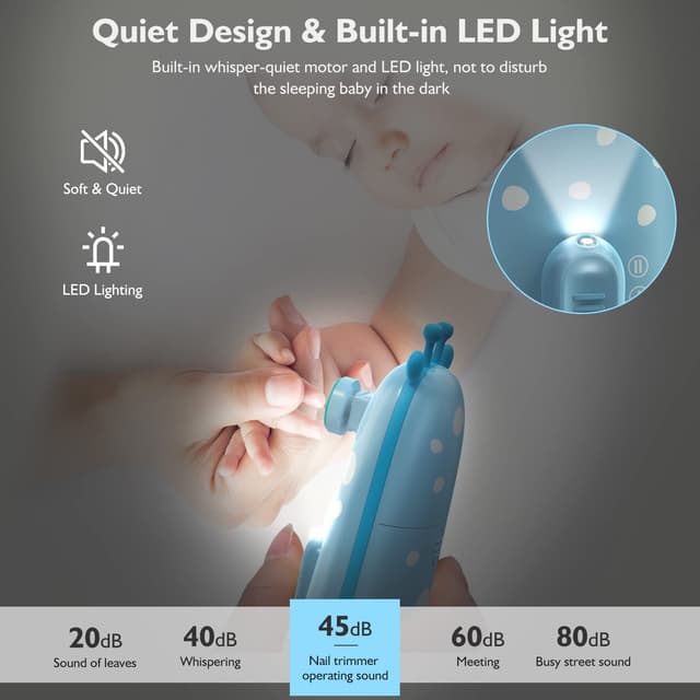 Detalle de Megainvo Baby Elektrische Nagelfeile (Nagelpflegeset) mit Schleifköpfen, Licht & einstellbarer Geschwindigkeit