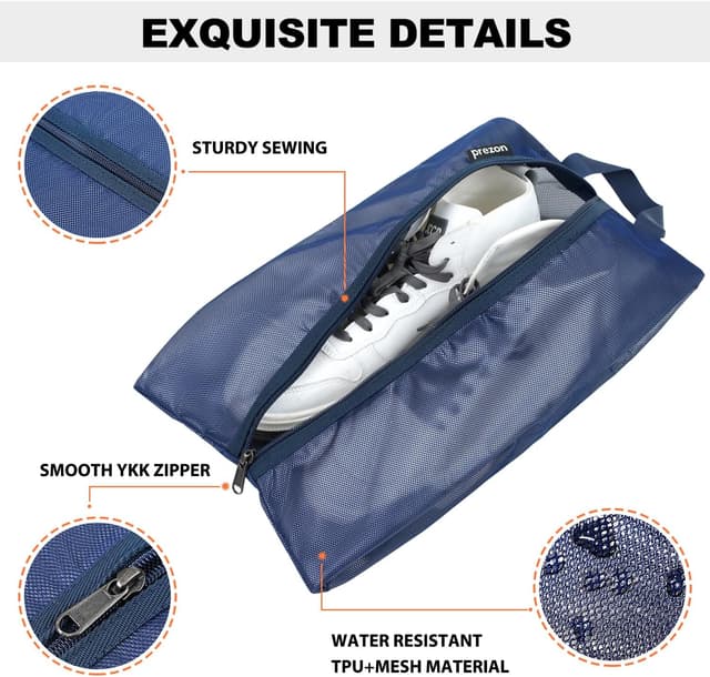 Detalle de Prezon Travel Shoe Bags (Water Resistant TPU Mesh) with YKK Zipper – unisex shoe storage pouch