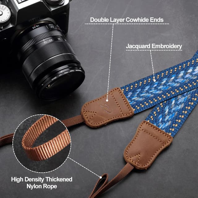 Detalle de Padwa Lifestyle Speed Blue Camera Strap – 1.5" soft cotton rope weave strap with crazy horse cowhide ends