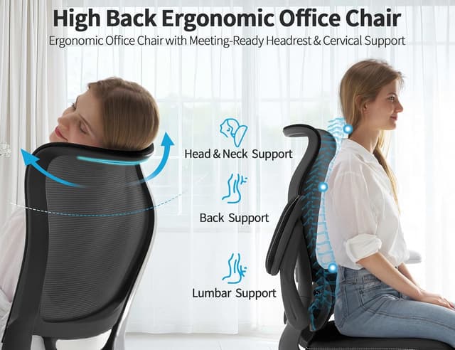 Detalle de TRALT Ergonomic Office Chair with S-Curve High Back & Adjustable Lumbar Support (Black)