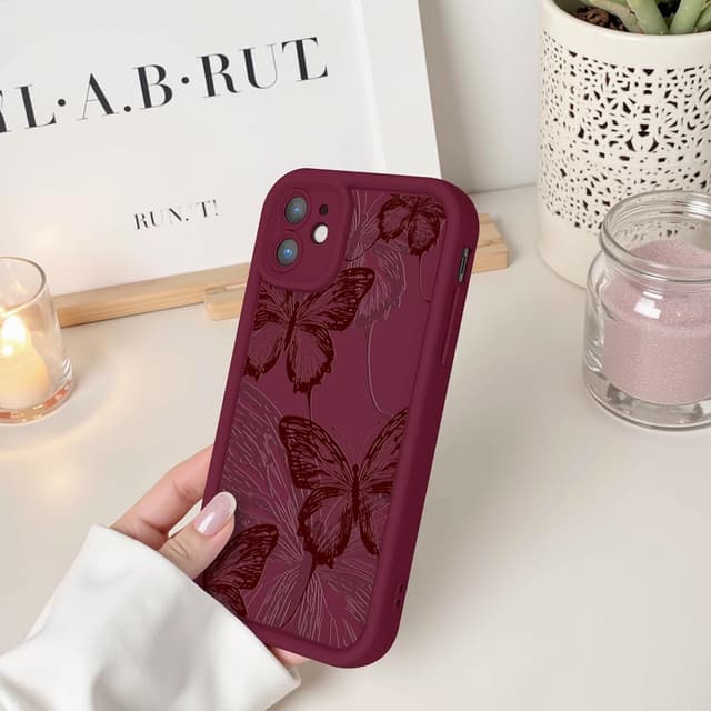 Detalle de FUXICASE for iPhone 12 Case with Butterfly Design (Burgundy Red) – Soft Silicone, Shockproof Protection