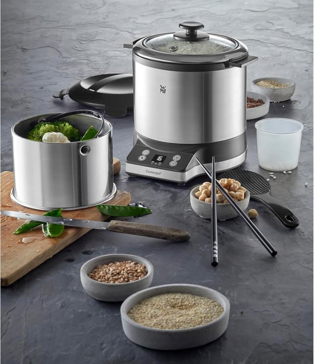 Detalle 2 de WMF Küchenminis Reiskocher 220 W mit Lunch-to-go-Box, Cromargan matt – Mini-Dampfgarer für bis zu 1 l