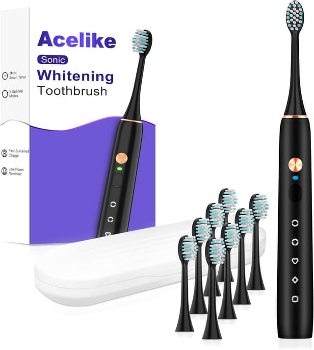 Detalle de Acelike Whitening Electric Toothbrush (Black) — Rechargeable Sonic Brush with 8 Heads, 5 Modes, Smart Timer, IPX7