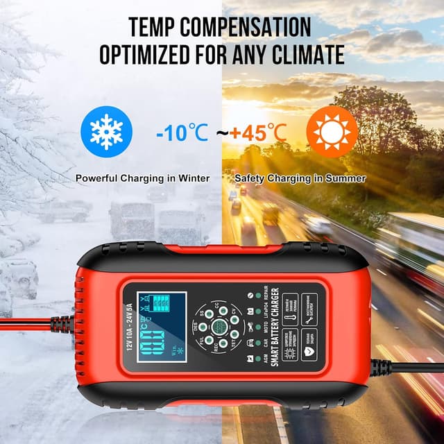 Detalle de Husgw 10Amp Car Battery Charger 12V/24V (7-Stage) Smart Maintainer & Pulse Repair